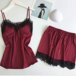 Burgundy / Maroon Lace Satin  2 Pc Pajama Set
